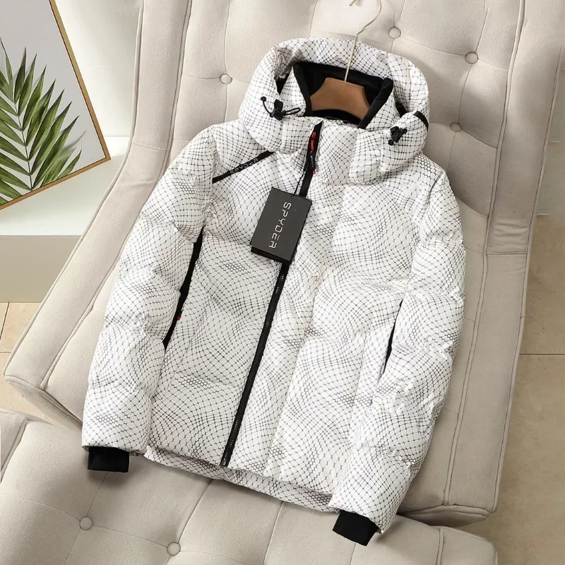 Pato branco masculino para baixo casaco com capuz, grade impressão, patchwork streetwear, casaco grosso, parka quente, marca casal Outerwear, inverno