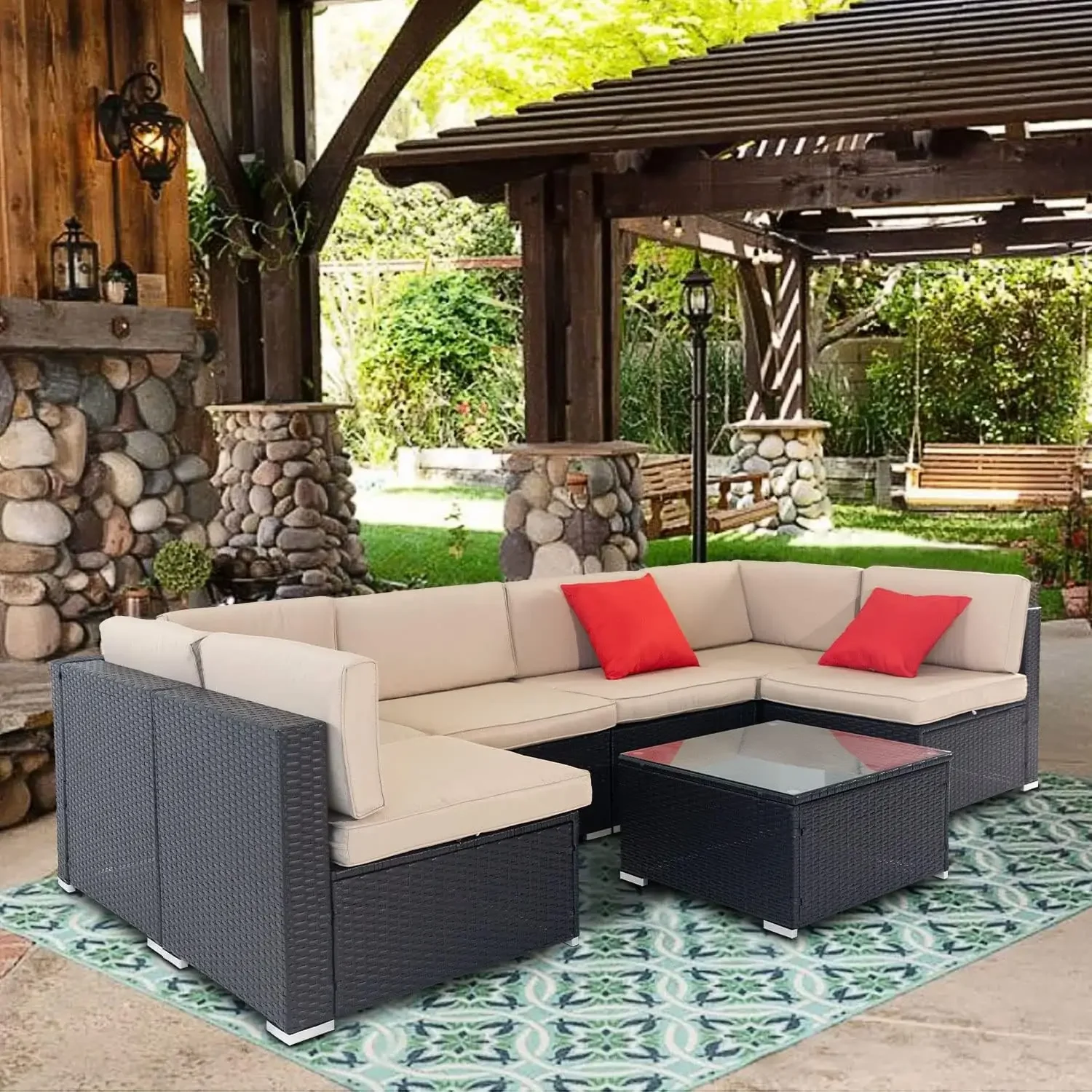 4/6/7PCS Outdoor Sofa - PE Rattan Wicker Modular Patio Furniture Conversation Set with Washable Cushions and Glass Coffee Table