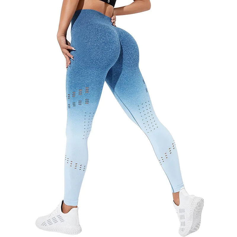 Fashion Gradient Mesh Leggings Hollow Sports Fitness Leggings High Waist Yoga Pants Push Up Gym Pants Women Workout Leggings