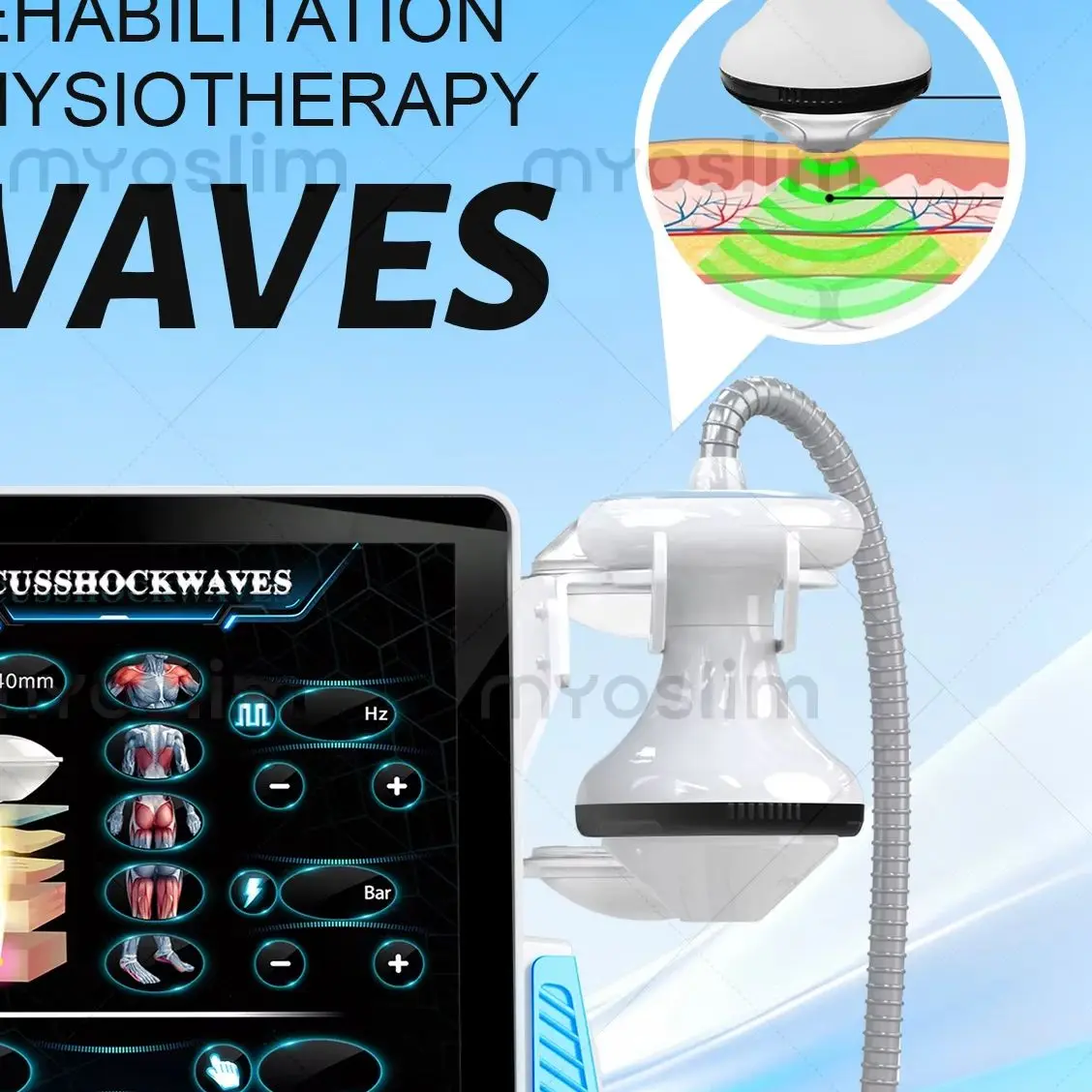 MYOslim Non Invasive Focus Shockwave Machine Precise Positioning Adjustable Intensity Full Body Pain Relief Clinic Equipment A63