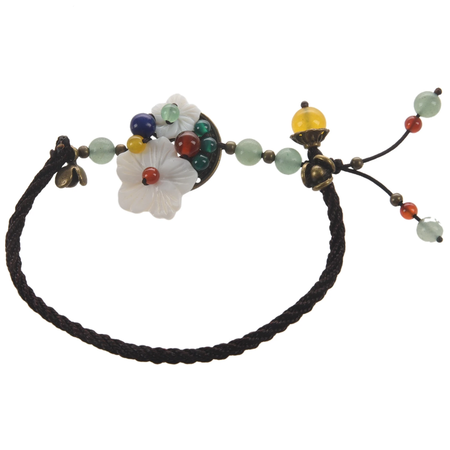 AOAO-National Style Fashion Hand-Knitted Anklet Female Models Shell Flower Dongling Jade Antique Jewelry