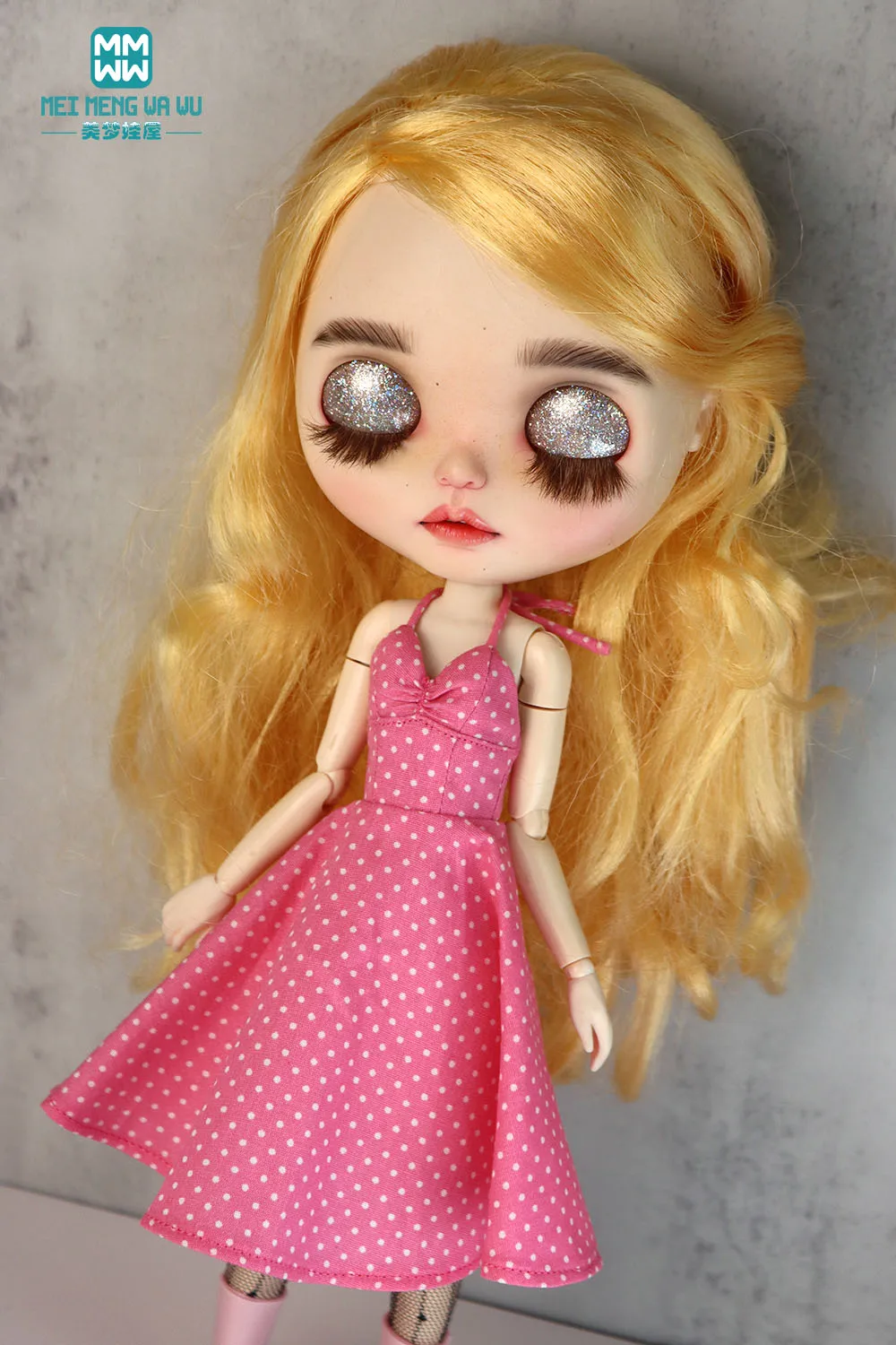 Blyth Clothes Azone OB22 OB24 Doll Accessories fashion backless polka dot dress pink blue red white