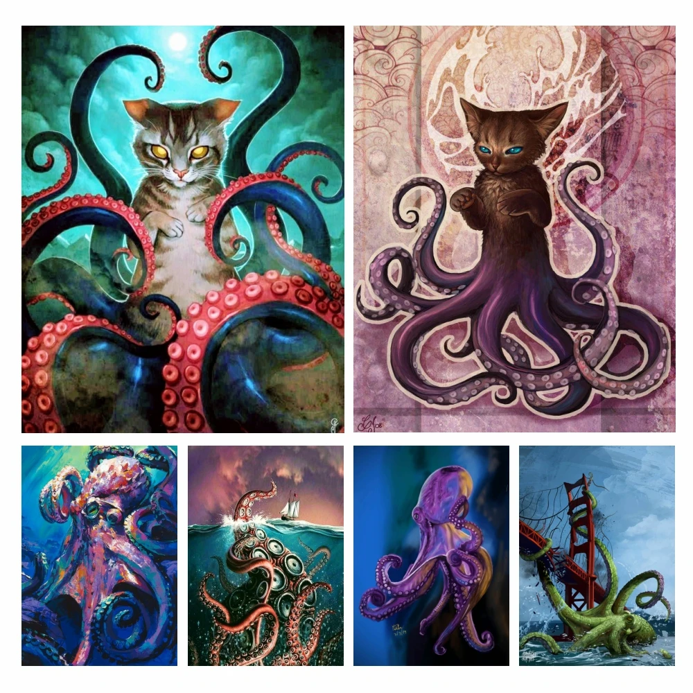 5D Full Diamond Painting Octopus Tattoo Ocean Creature Kraken Mosaic Rhinestone Concept Artwork Cross Stitch Kit Craft Decor