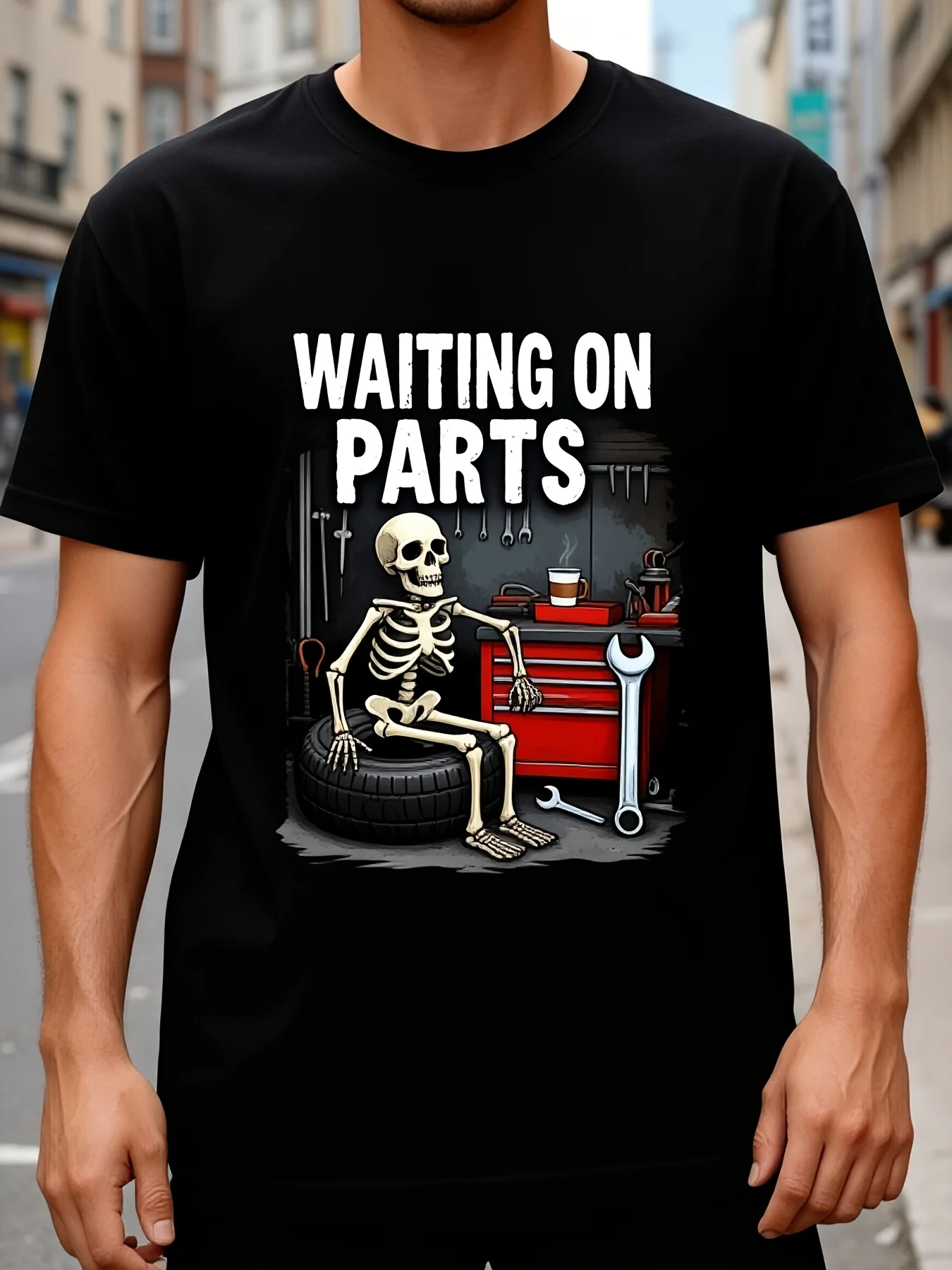 Casual Graphic Men'S T-Shirt Waiting on Parts Skeleton Mechanic Garage Workshop Design Perfect for Car Enthusiasts And Mechanics Ideal Gift for Him Summer And Fall Wear 2- Breathable Sweat-Wicking And Soft Suitable for Daily Commutes Lounging at Hom