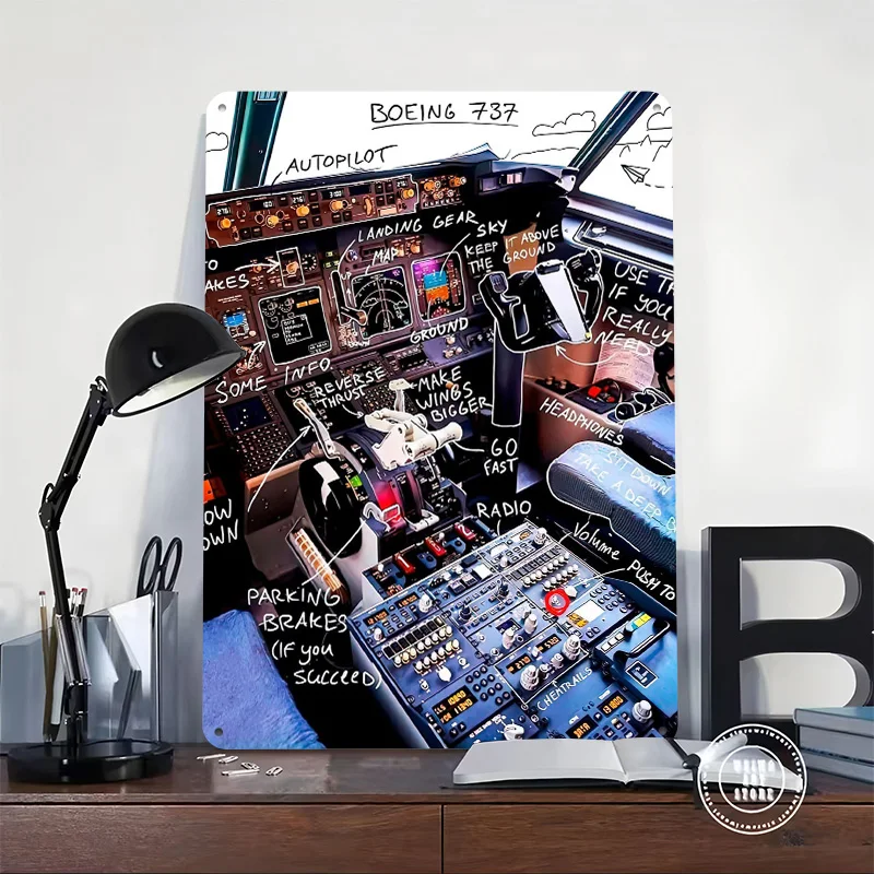 قمرة القيادة بوينغ 737 تين تسجيل الجدار ملصق فني الديكور ديكورات غرفة نوم خمر علامات معدنية الرجعية للديكور المنزل