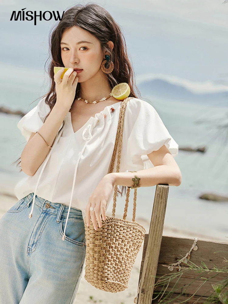 MISHOW Solid French Summer Blouses Woman 2025 New Short Puff Sleeve V-neck Beaded Retro Shirts Women Fashion Tops MXE33X1757