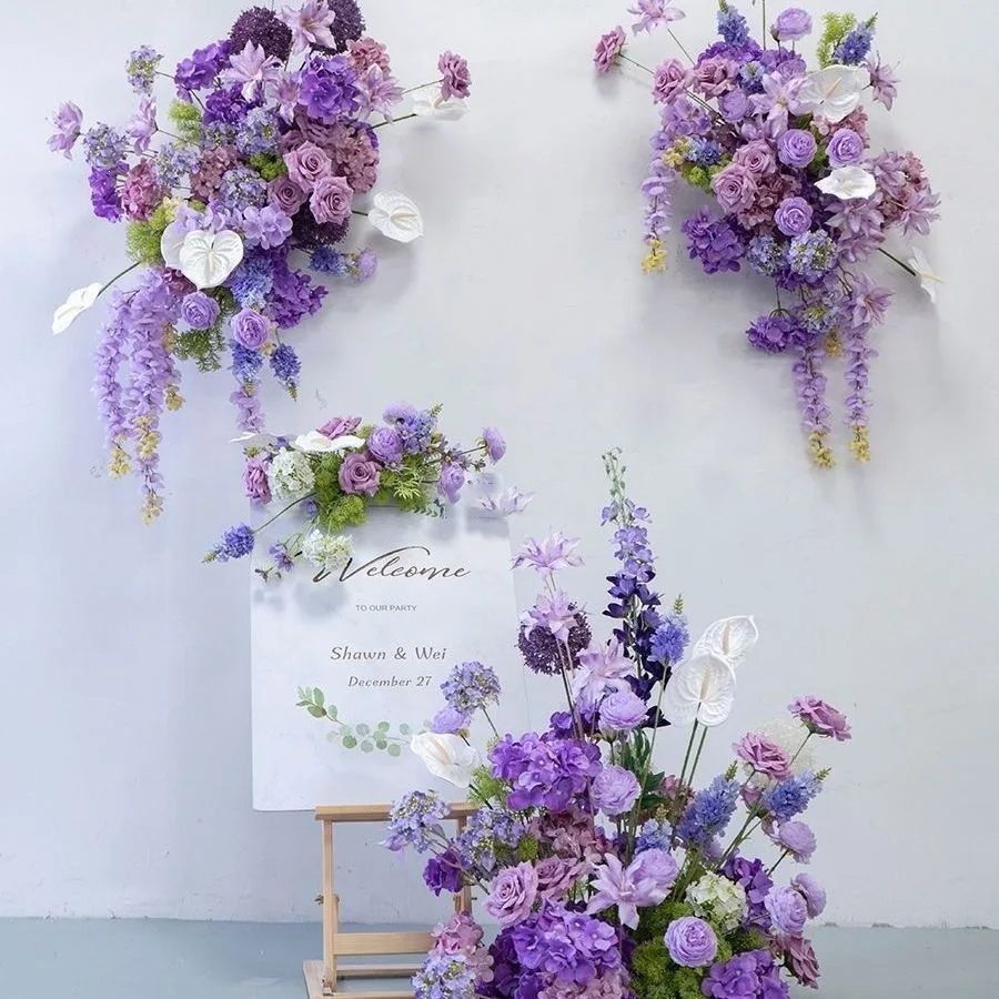 Purple finished silk flowers hanging flowers on the floor, wedding scene wall set wedding photography clock in simulation flower