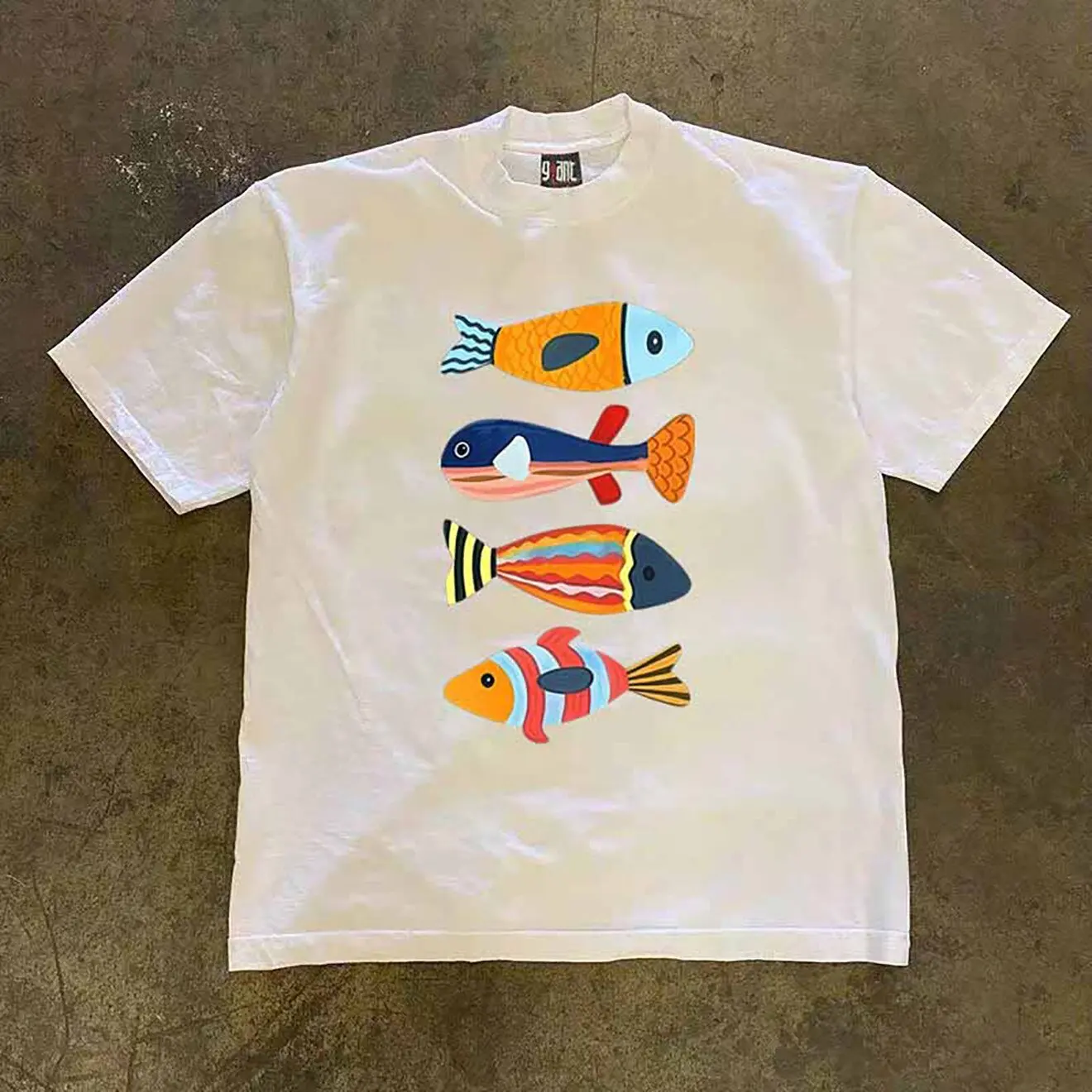 Personalized Four Colored Small Fish Printed American Retro Couple Men's and Women's Loose Short Sleeved T-shirt