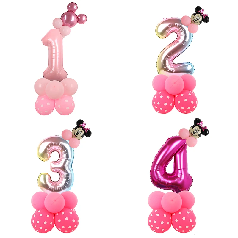 1 Set Minnie Numbers Balloon Gradient Rose Red Pink Number Mouse Head Balloon Column Girl Birthday Party Baby Shower Party Decor