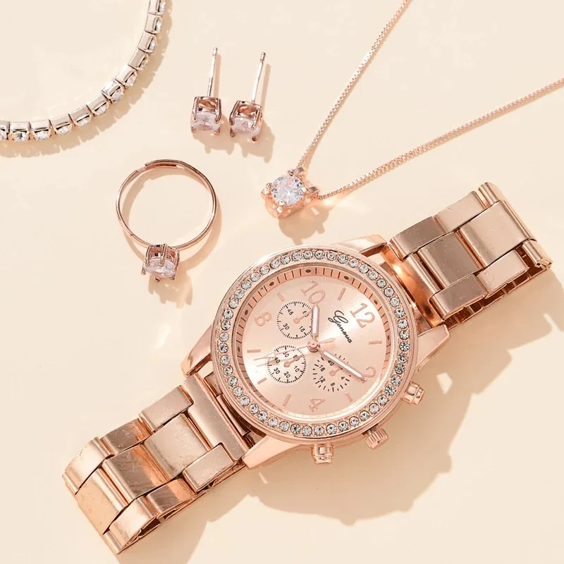 5PCS Set Rose Gold Luxury Watch Women Ring Necklace Earring Rhinestone Fashion Wristwatchistwatch Casual Ladies Bracelet Watches