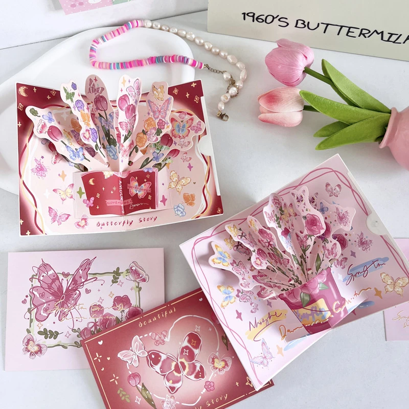 

Surprised 3D Greeting Card Pop Up Love with Envelope Valentine's Day Card Rose Butterfly Blessing Card Wife Girlfriend Gift