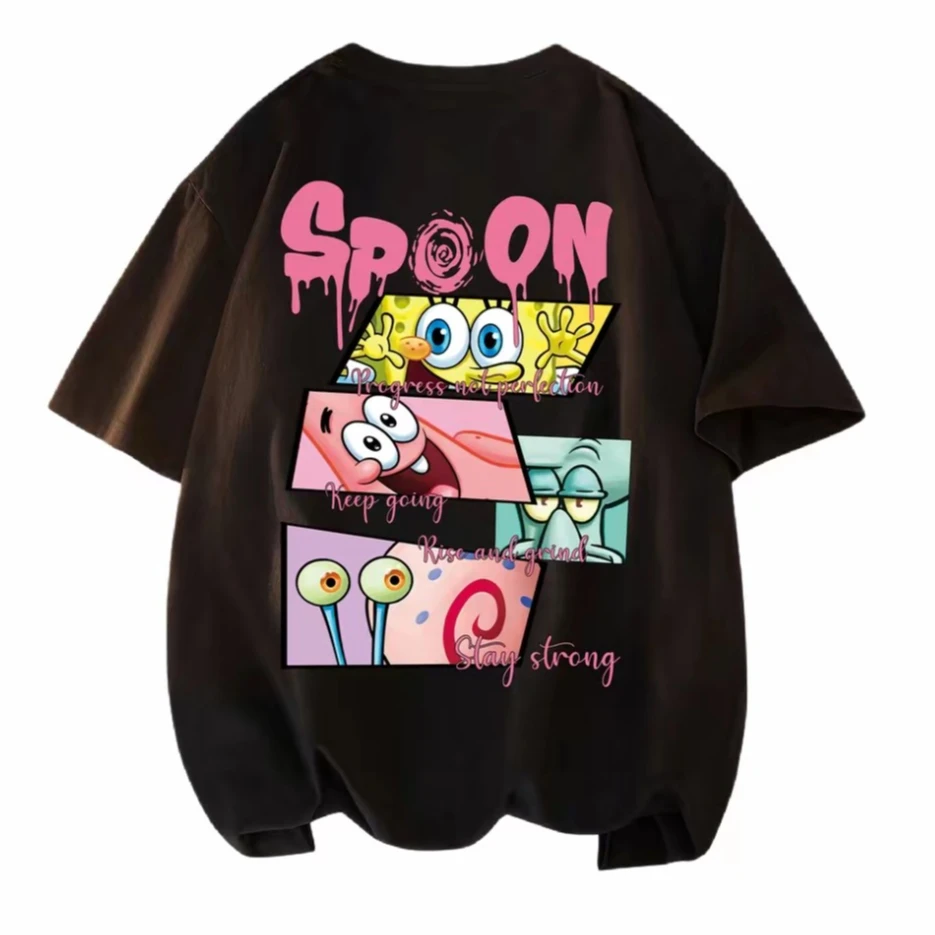 

Губка Боб Квадратные штаны с мультяшным анимационным принтом, дышащая свободная футболка с круглым вырезом и короткими рукавами, унисекс, чистый хлопок