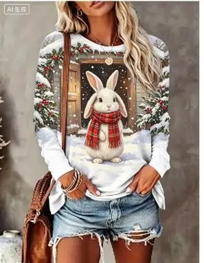 Women Long Sleeve T‑Shirt Christmas Rabbit With Scarf Winter Snow Scene Print Crew Neck Loose Casual Holiday Tops image 5