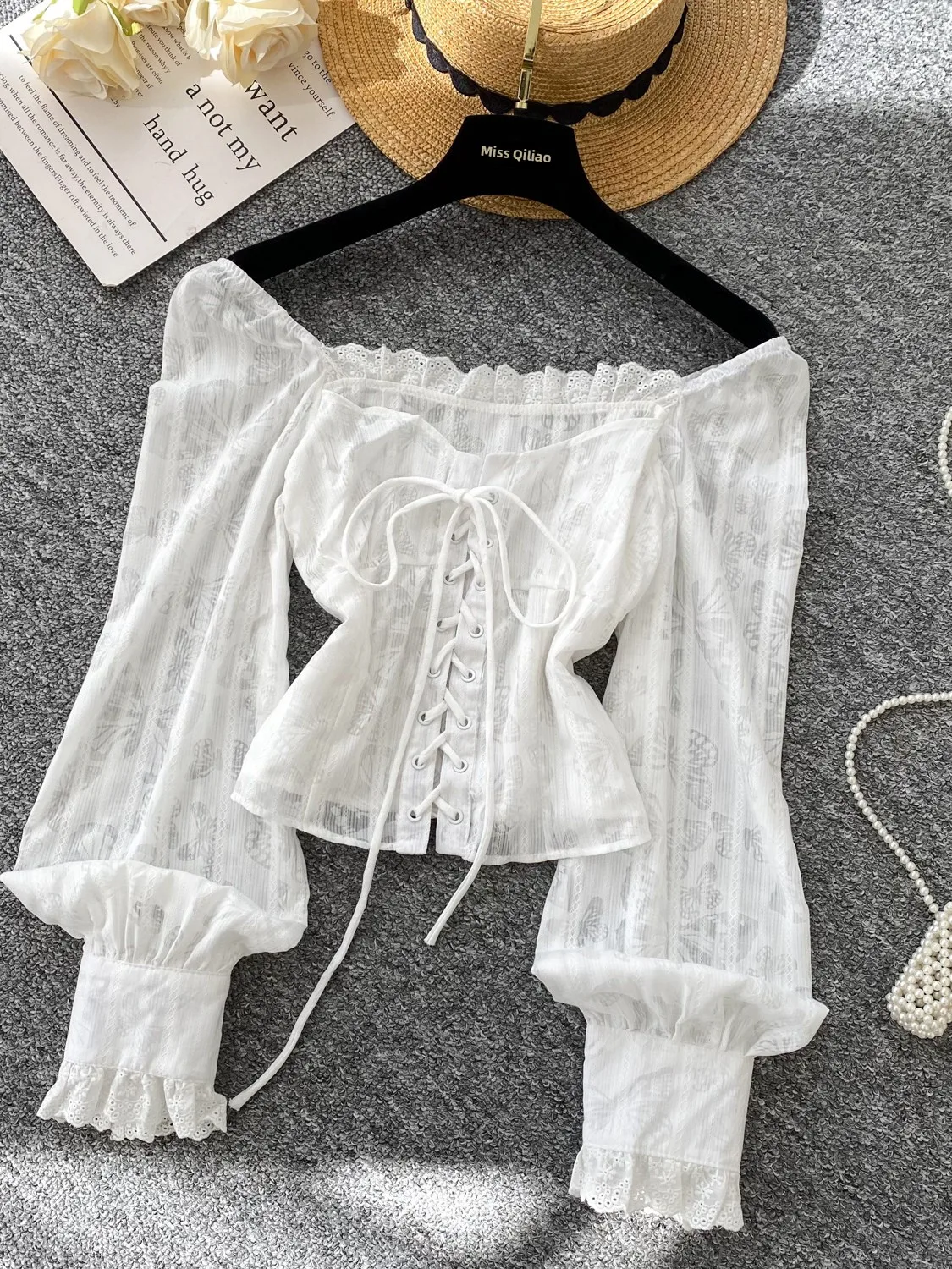 

White Women's irt Ins Autumn New Pure Desire One oulder Bow Waist Long Sve ort Crop Top Breathable Skin-Friendly