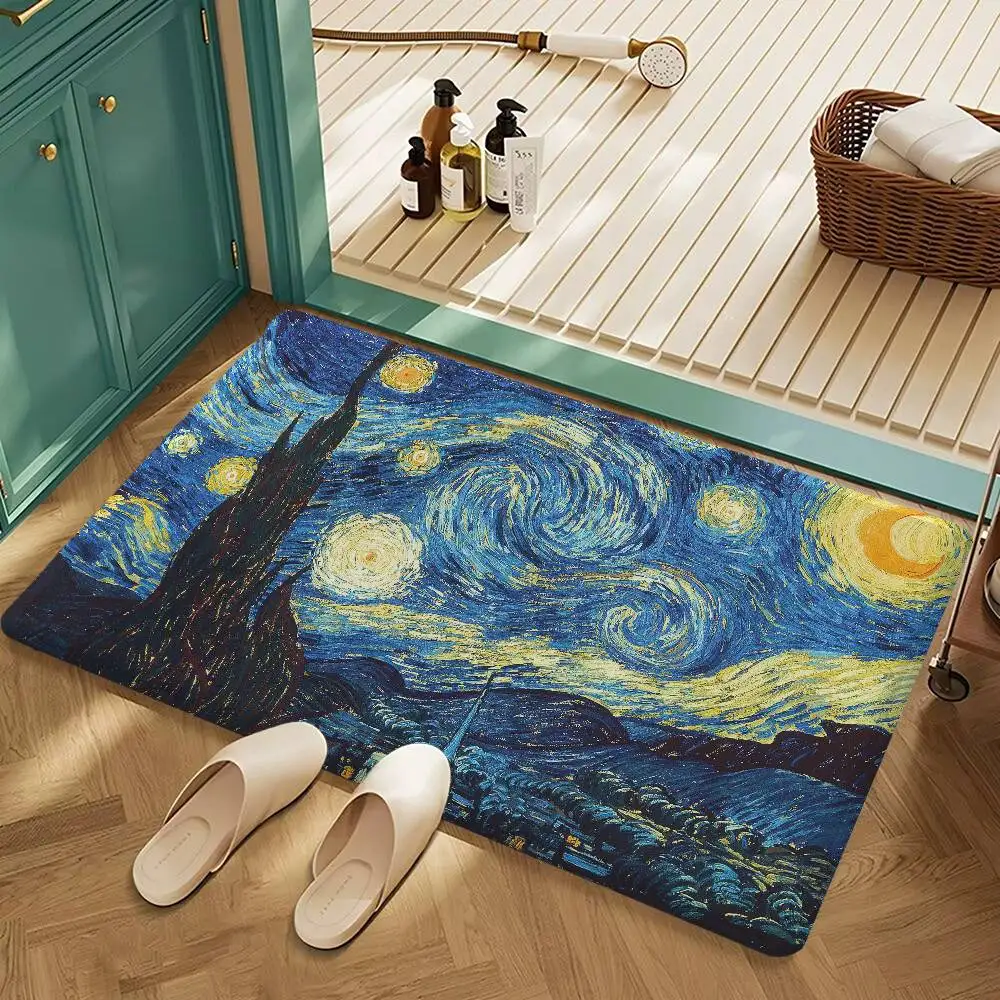 Alfombra de baño artística de Van Gogh de noche estrellada, alfombra Retro de opción múltiple para sala de estar, cocina, alfombrillas antideslizantes para mesita de noche