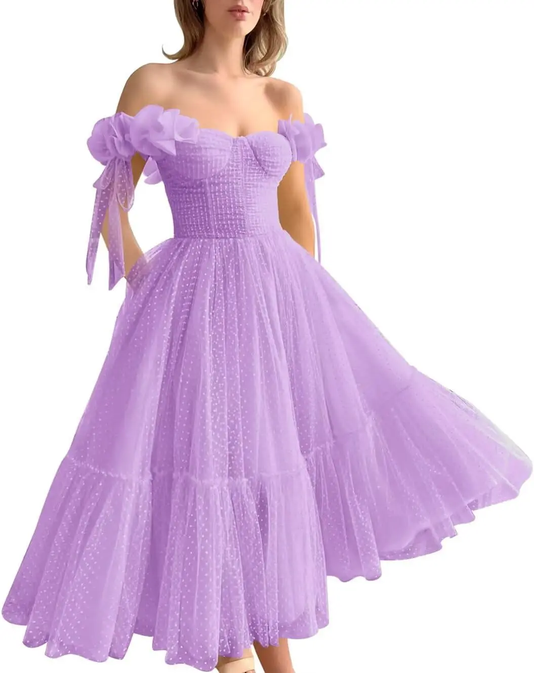 Vestido de fiesta con hombros descubiertos de tul punteado para mujer Vestidos de fiesta formales hinchados por debajo de la rodilla con forma de corazón