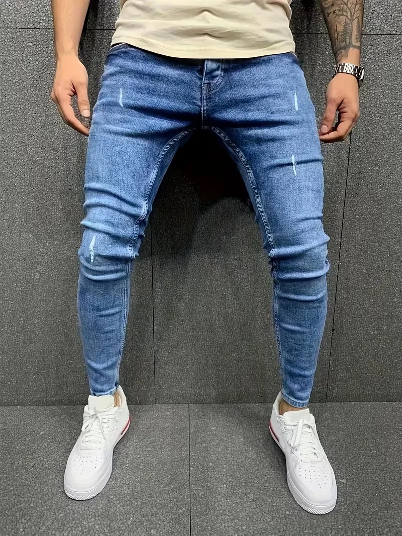 Men's Elastic Casual Denim Jeans with Zipper Closure - Machine Washable Ripped Details Durable Fabric for Teens And Adults Suitable for Daily Wear All Seasons