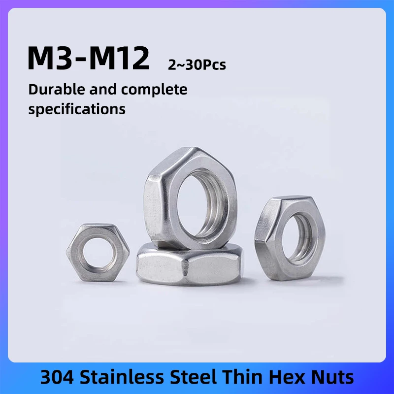 GooBetter 2-30Pcs Hex Thin Nuts M3 M4 M5 M6 M8 M10 M12 304 Stainless Steel Hex Fine Thread Nut for Bolt Screw