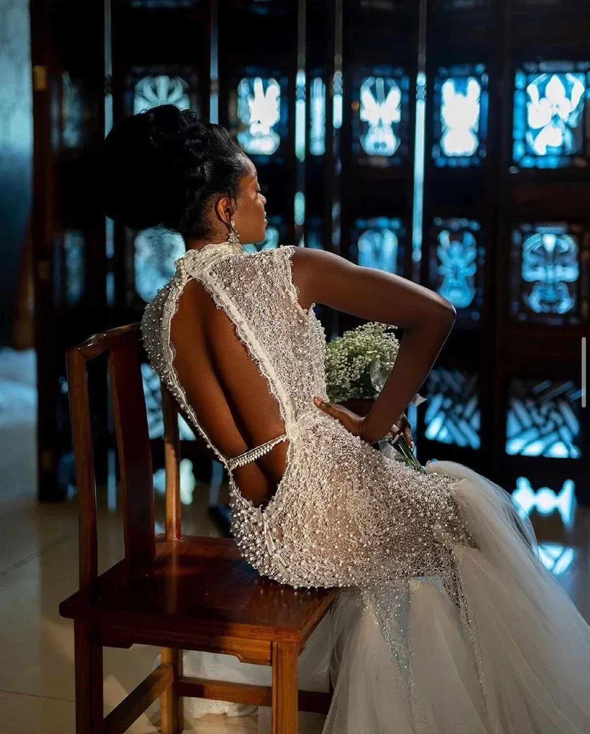 تخصيص انظر من خلال الخرز اللؤلؤ حورية البحر فستان الزفاف رداء دي ماري الأفريقي بلا أكمام ثوب الزفاف مفتوح الظهر