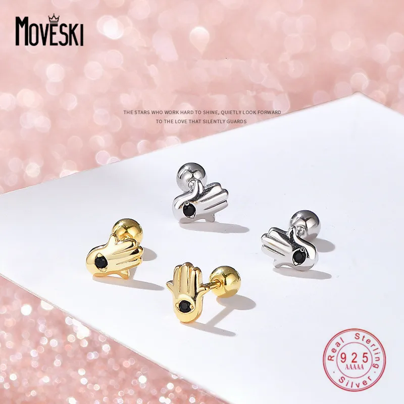 MOVESKI 100% 925 Sterling Silver Demon Palm Zircon Stud Earrings Women Personality Hip Hop Jewelry