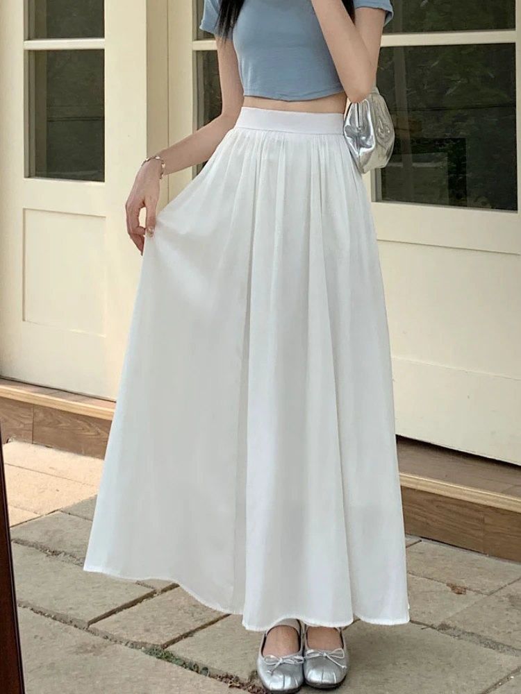 Białe Czarne Długie Spódnice Dla Kobiet Maxi Spódnica 2024 Wiosna Lato Korea Casual High Waisted A-line Ruffle Pleated Skirts ropa muje