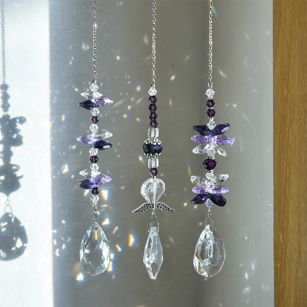 3pcs Crystal Chandelier Wind Chime Set - Featuring stunning purple crystals, teardrop and star-shaped pendants, and sparkling