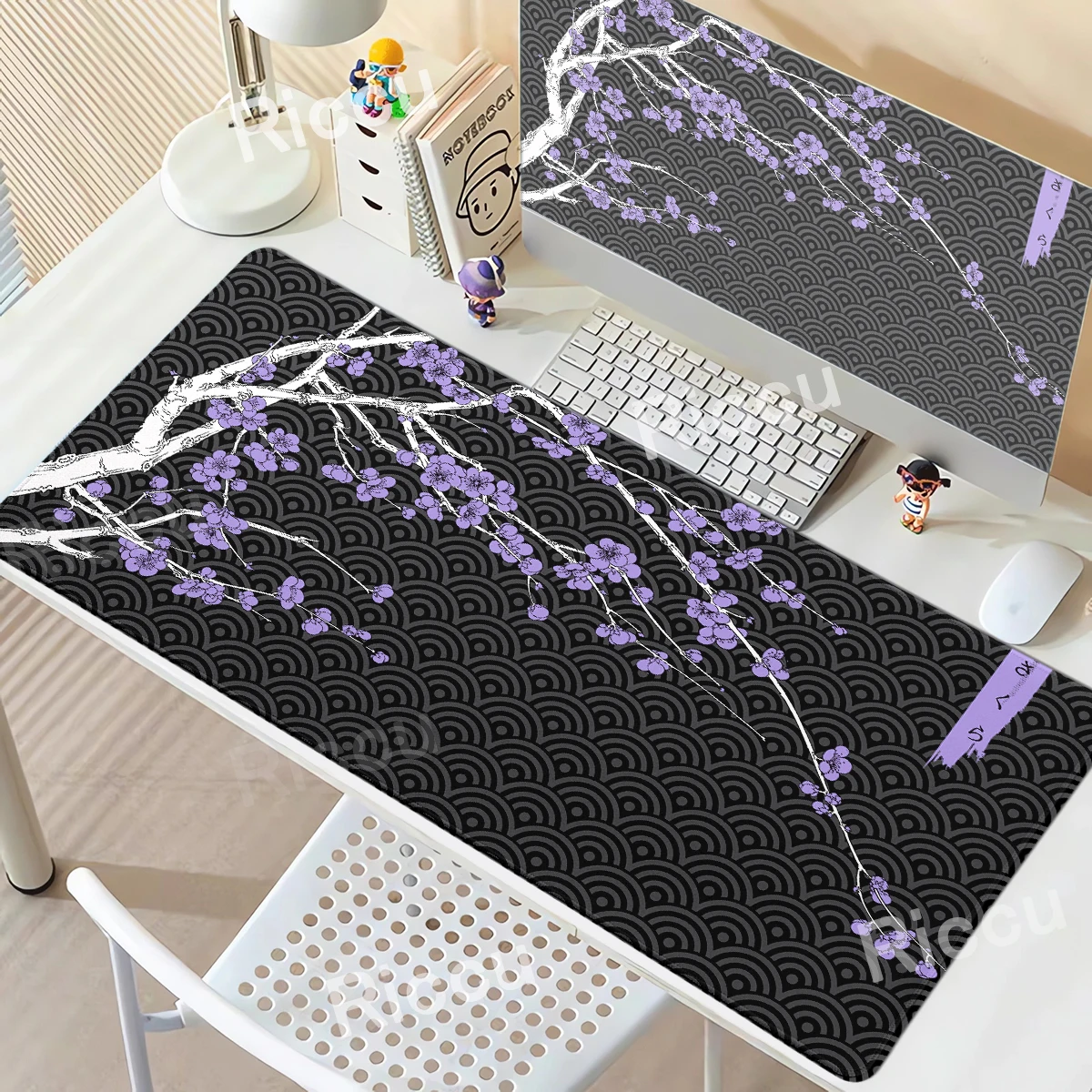 Sakura Schwarze Schreibtischunterlage XXL Kirschblüten-Schreibtischunterlage Niedliche Ästhetik Blumen Mousepad Erweiterte Pads Playpad 900x400MM PC-Zubehör