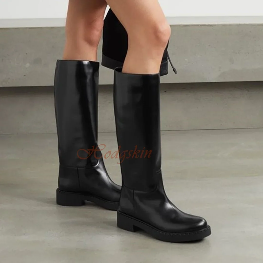 Genuine Leather Casual Boots Round Toe Chunky Med Heels Solid Slip On Trouser Boots Knee High Autumn Women Sexy Luxury Shoes