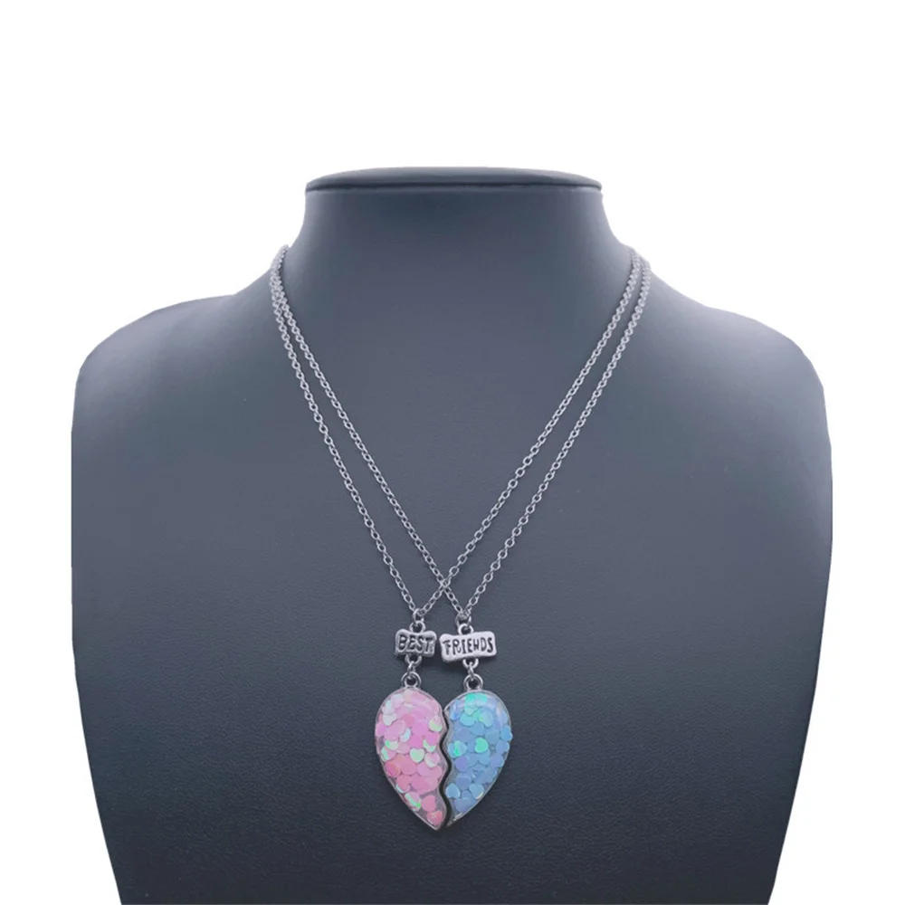 2 Pcs/Set Best Friends Necklaces For Women Sequin Heart Broken Stitching Pendant Chain For Men BFF Friendship Jewelry Gifts