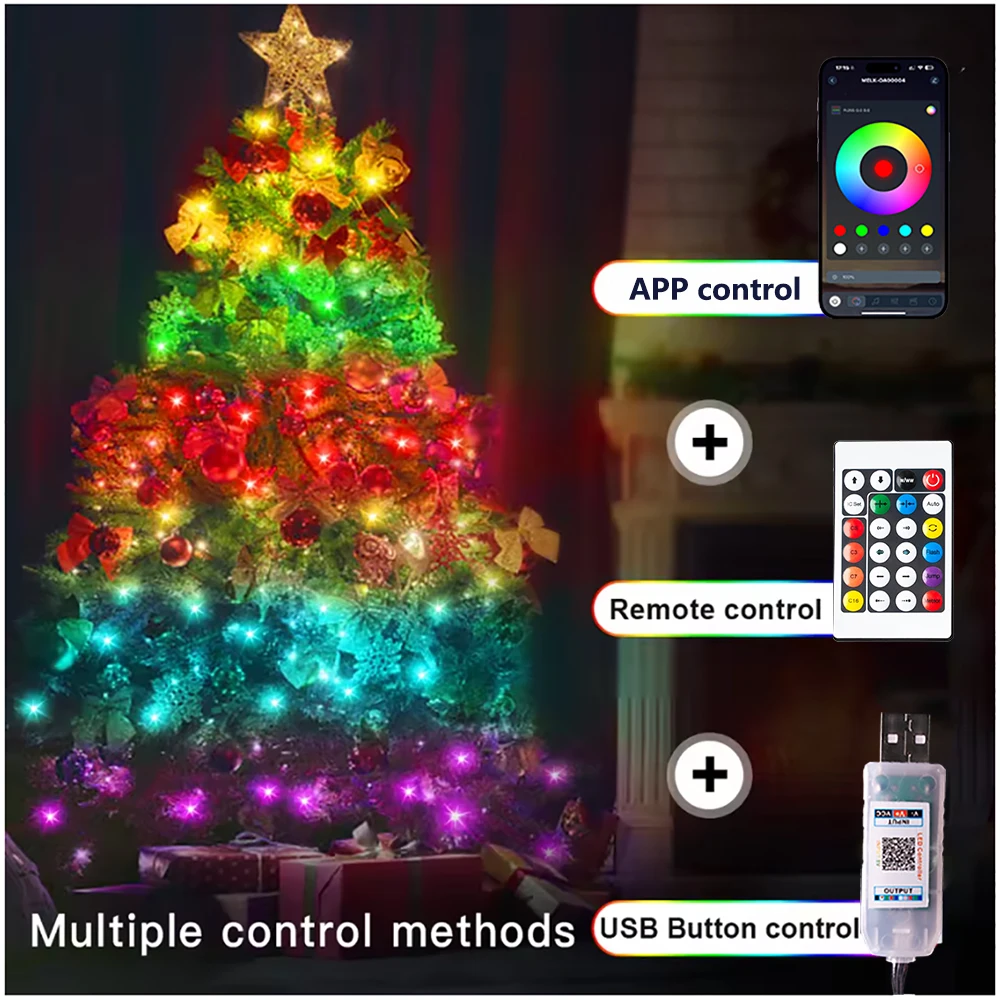 Светодиодная гирлянда RGB 20 м 10 м 5 м DIY Smart RGBIC APP Bluetooth Remote Fairy Lights Dreamcolor Garden Party Рождественская елка Свадебный декор