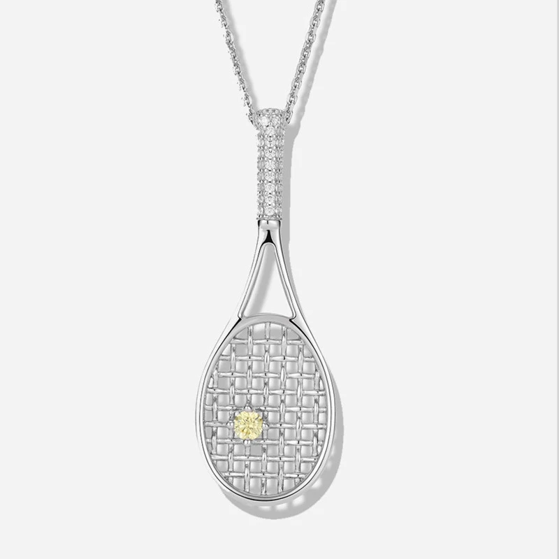 CAMEO Tennis Racket Necklace Unique Design 925 Sterling Silver Synthetic Zircon Yellow Collarbone Chain Pendant
