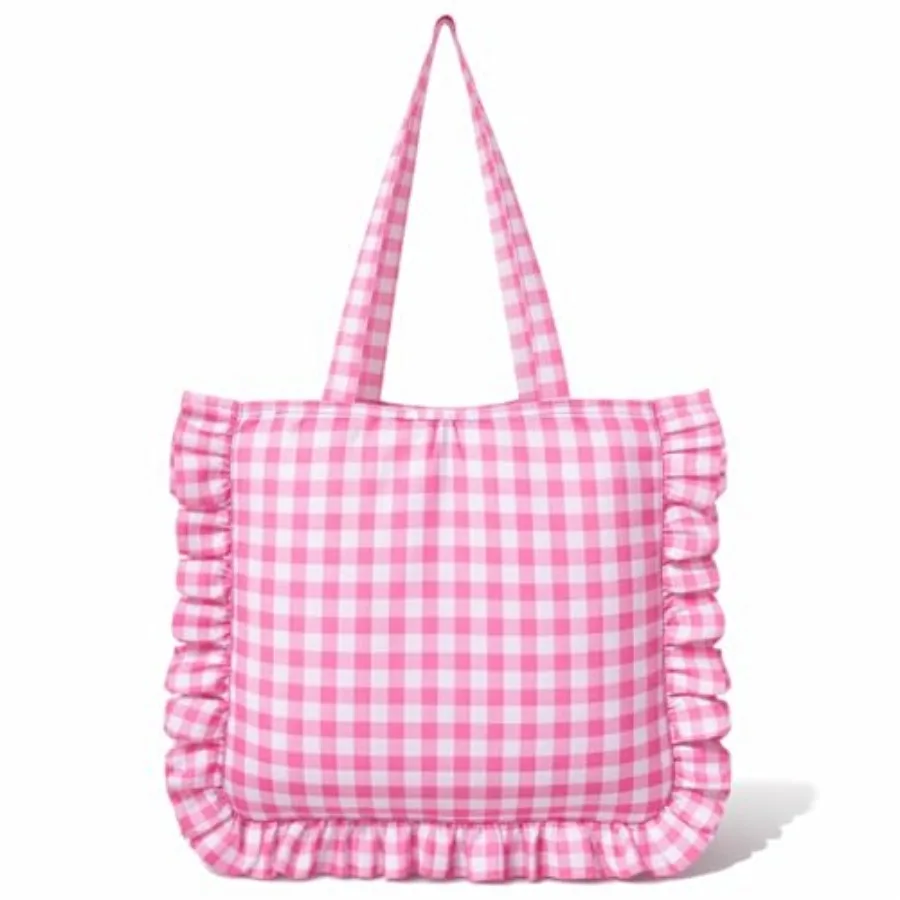 

Sadnyy Pink Ruffle Tote Bag Large Gingham Shoulder Bag Travel Tote Handbag for Women Cloth Handbag for Gift Party Favor Shoppin