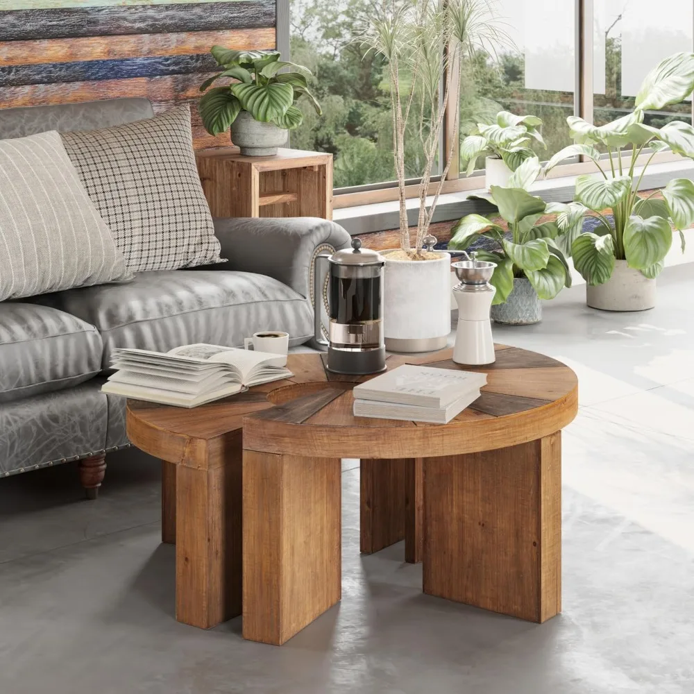 Rustic Round Coffee Table Set with Semi-Circular Design for Living Room