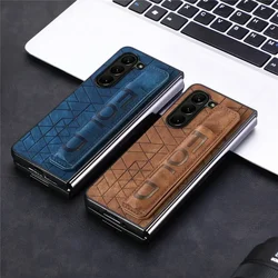 PU Leather Wrist Strap Cover for Samsung Galaxy Z Fold 7 6 5 4 3 Fold7 Hard Phone Case with S Pen Holder & Finger Grip(no Pen)
