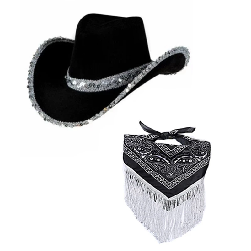 Cowboy Hat with Scarf for Girls Fancy Dress Party Sun Hats Sequin Glitter Western Dancing Cap Performance Costumes Cosplay Prop