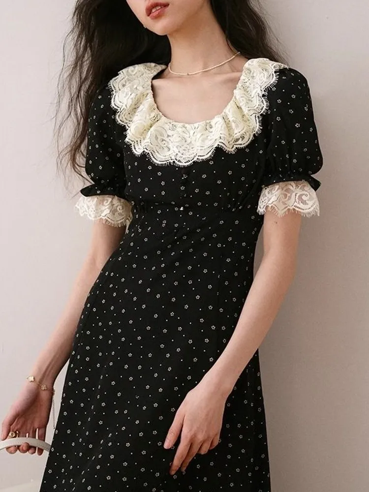 Elegant Lace Floral Short Sleeve Midi Dress Women Summer Slimming A-Line Skirt High Waist Bubble Sleeve Bell Bottoms Gown