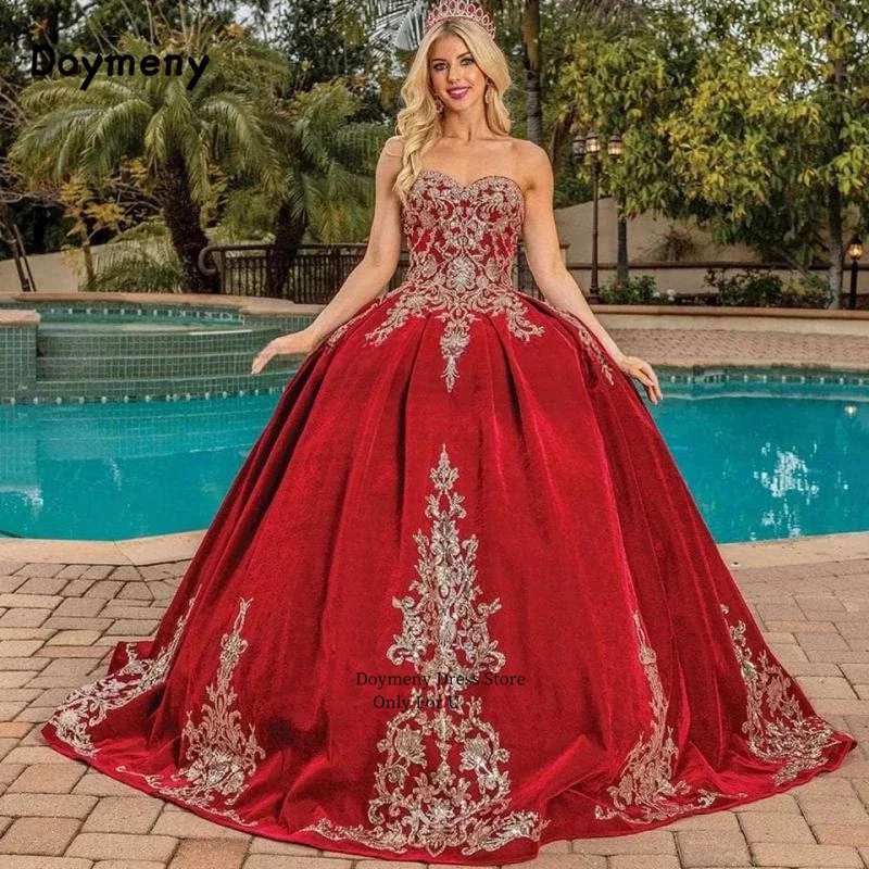 Doymeny Sweetheart Velvet Appliques Quinceanera Dress Sleeveless Corset Moroccan Caftan Princess Evening Dresses Party Gown