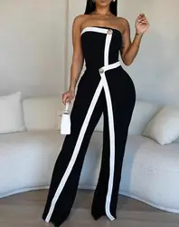 new fashion 2025 sexy Colorblock Print Asymmetrical Bandeau Sleeveless Slim Fit Button Decor Jumpsuit Elegant Overall