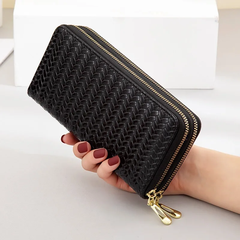 Gewebte Geldbörse, Damen-Langbörse mit Doppelreißverschluss, großes Fassungsvermögen, Clutch-Tasche mit mehreren Kartenfächern, Handytasche