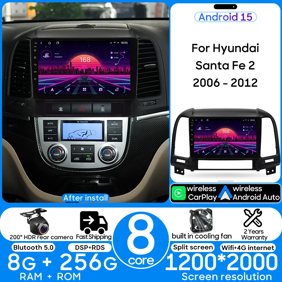 

CarPlay Android Auto For Hyundai Santa Fe 2 2006 - 2012 Car Radio Multimedia Video Player Stereo Navigation GPS Wifi 4G DSP SWC