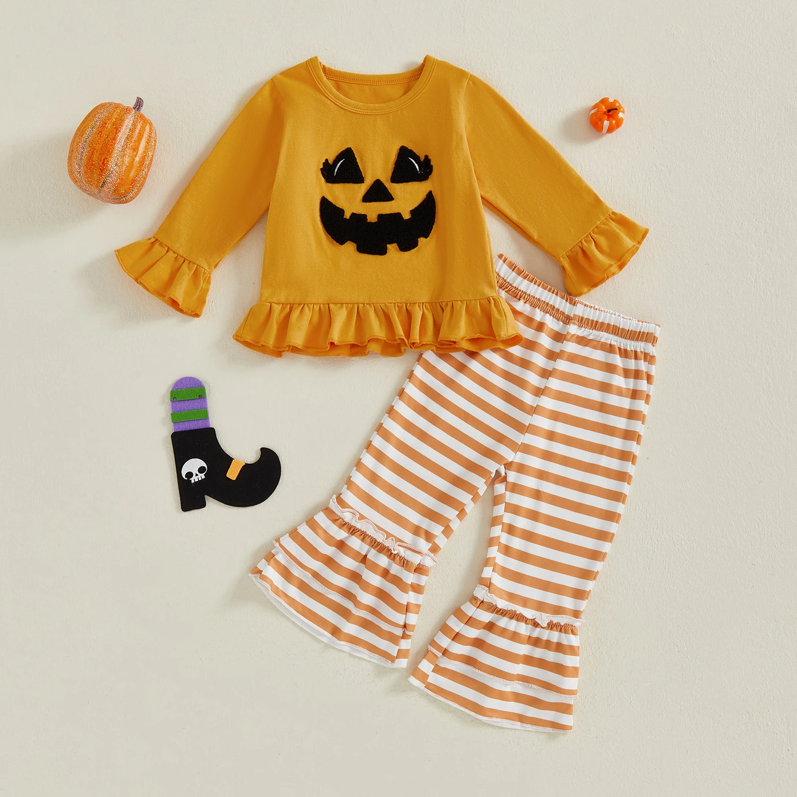 FOCUSNORM 2 ألوان الرضع طفل الفتيات هالوين الملابس مجموعة شبح التطريز كم طويل البلوز القمم مع مخطط مضيئة السراويل #3