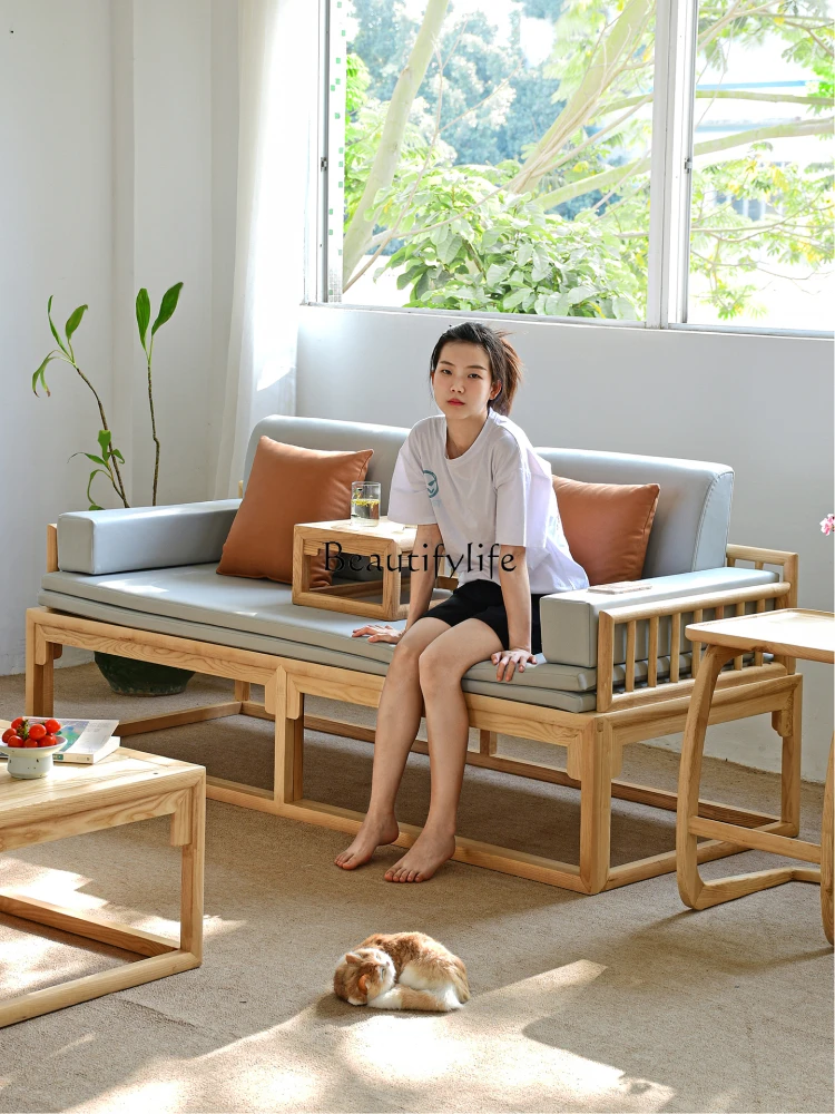 

New Chinese-style solid wood sliding bed ash wood small apartment living room elm sofa