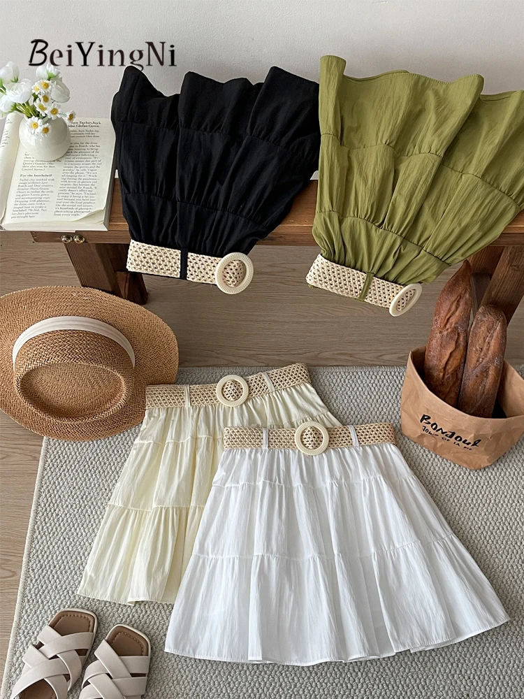 

Beiyingni Women's Mini A-line Skirt Belted French Sweet Casual Elastic Waist Short Pleated Skirts for Women Plain Cake Skirt
