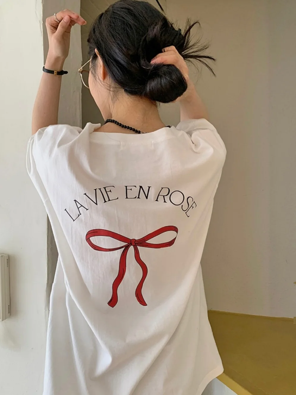Summer Dongdaemun Style Korean Simple  Knot Double Sided Pattern Versatile Short Sleeve T Shirt Top for Bloggers
