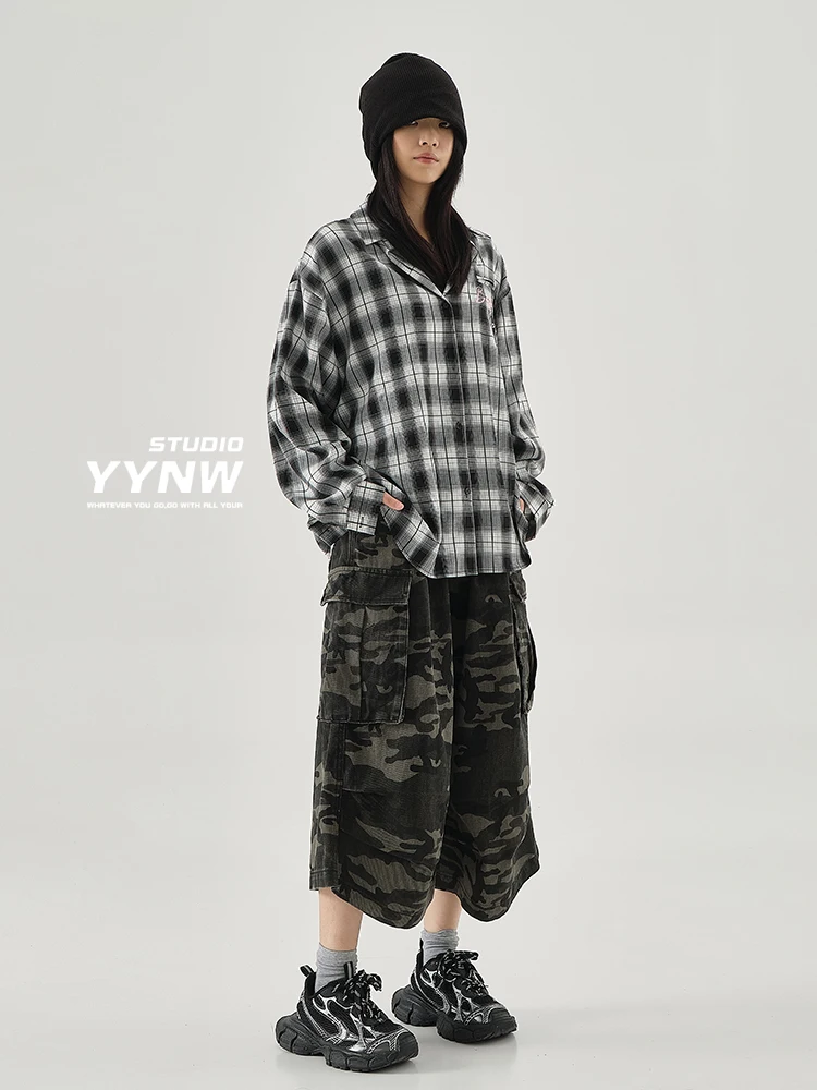 

American Sle Retro Camouflage Workwear orts Women's Spring 2025 Loose Straight Leg Casual Seven-Foot Pants Large ket