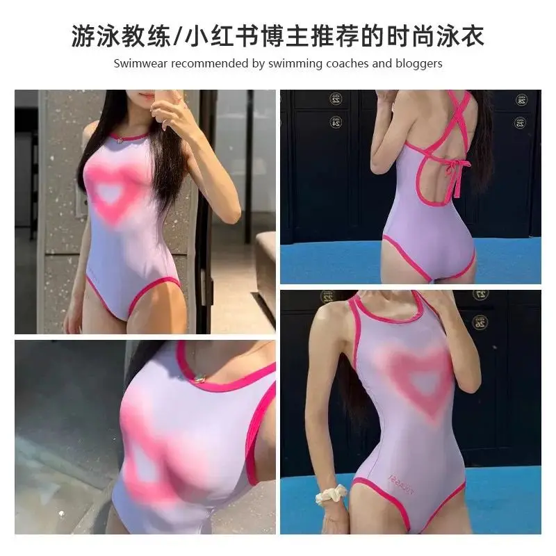 หัวใจ Tie Dye น่ารักสีม่วง One Piece บิกินี่ชุดว่ายน้ําแบบอนุรักษ์นิยมนักเรียนหญิงสาวน่ารักเสื้อผ้าชายหาด Holiday Design