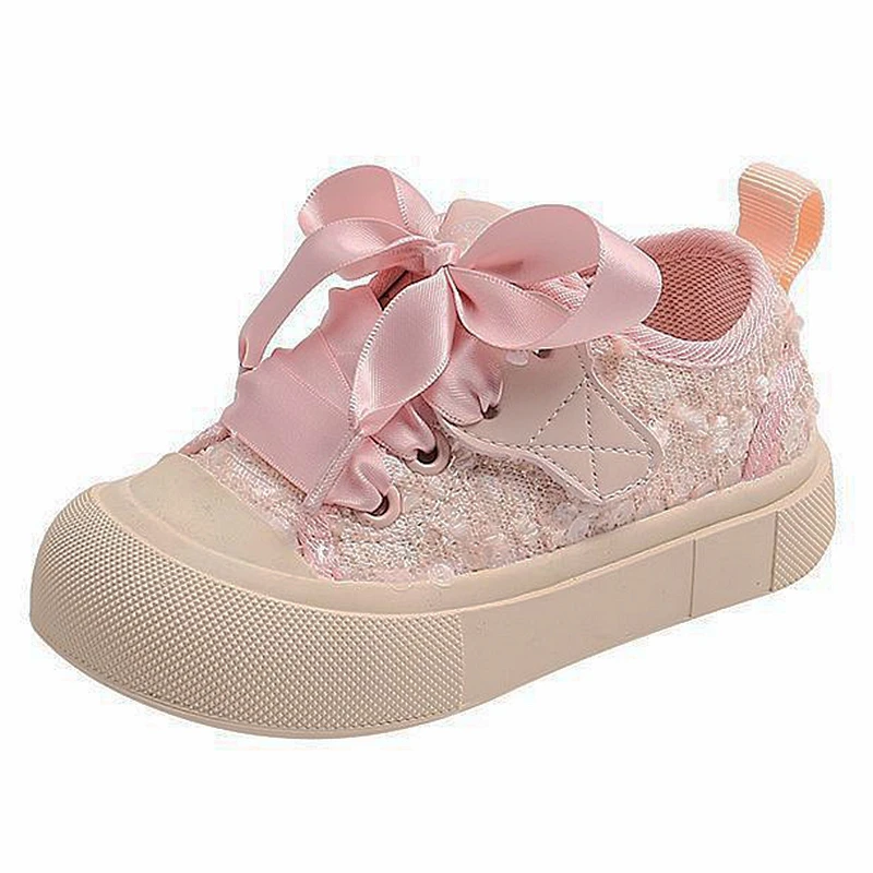 Zapatillas de encaje de princesa para niñas pequeñas, zapatos informales de 14-16CM, color rosa y Beige, suave y entrelazado, para otoño y primavera