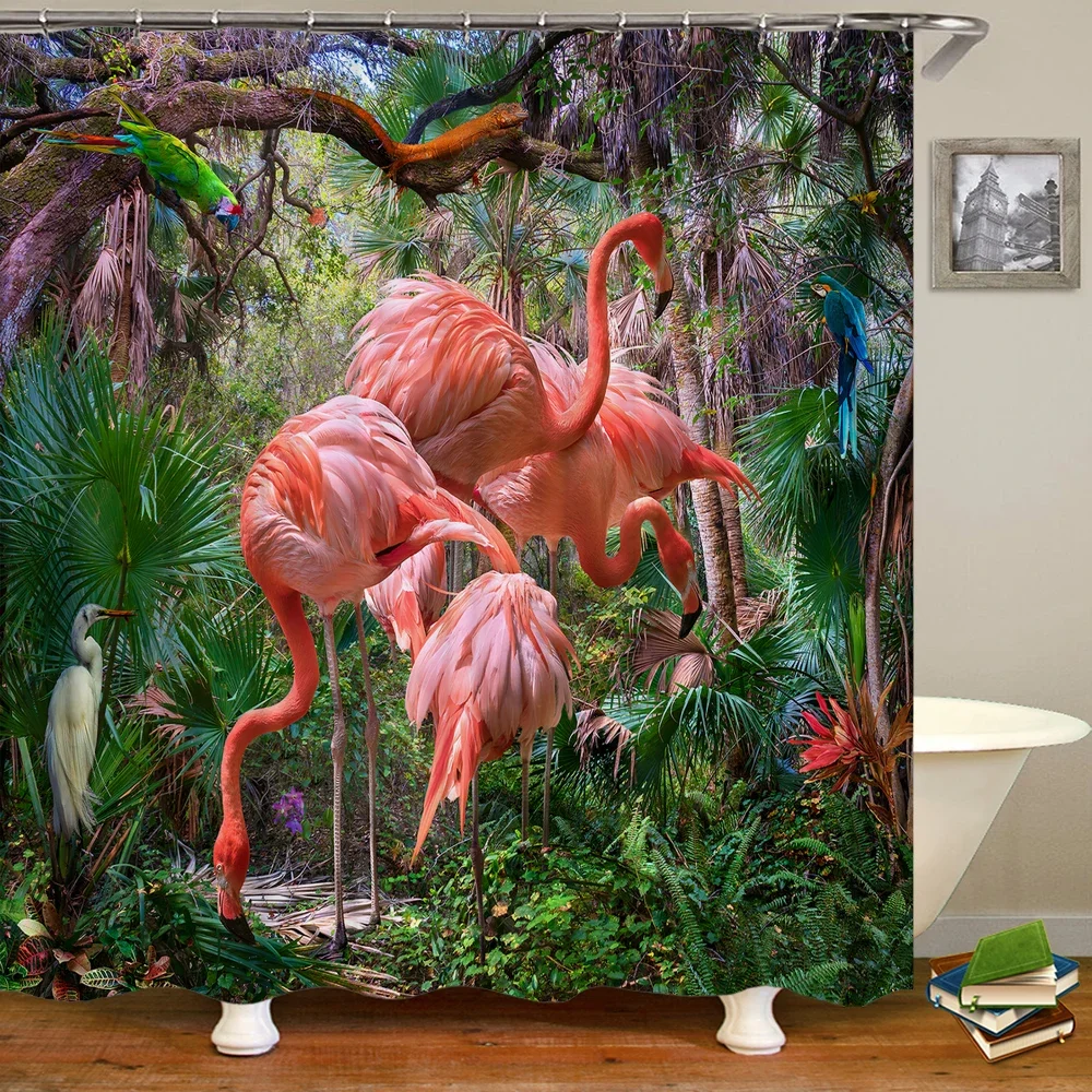 Tropical Jungle Flamingo Shower Curtain Green Palm Leaf Parrot Toucan Bird Watercolor Pink Flamingo Wild Nature Rainforest Flora