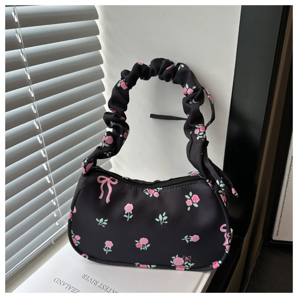 New Drawstring Aesthetic Floral Bag Large Capacity Pleated Strap Underarm Bag Adjustable Strap Zipper Closure Chic Hobo Bag