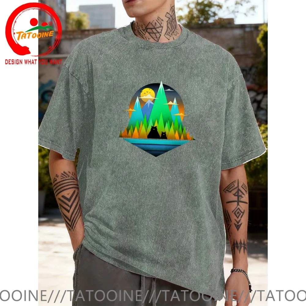 Vintage Washed Cotton T-Shirt Funny Designer Geometric Landscape Bears T Shirt Men Fashion Trendy Casual Clothing Stylish Tops